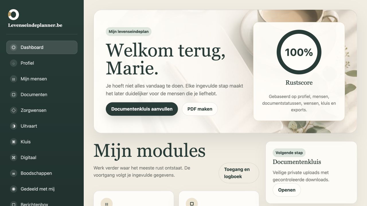 Screenshot van het dashboard van Levenseindeplanner.be