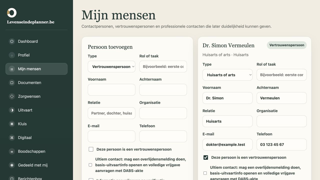 Screenshot van vertrouwenspersonen en toegang per onderdeel